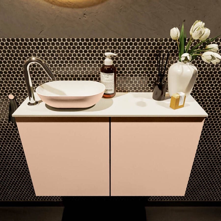 Mondiaz Fowy toiletmeubel 80x50x23cm rosee mat 1 kraangat wasbak: links 2 deuren solid surface met blad MDF kleur wasbak: Roze Wit FOWY59014roseerosee
