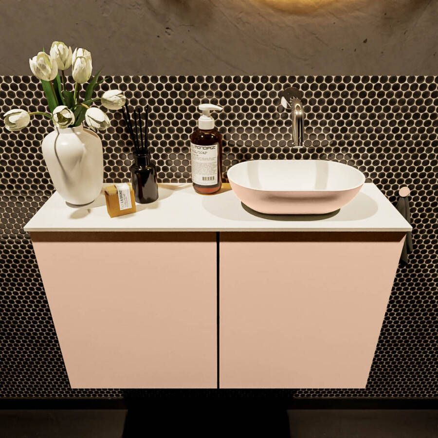 Mondiaz Fowy toiletmeubel 80x50x23cm rosee mat 0 kraangaten wasbak: rechts 2 deuren solid surface met blad MDF kleur wasbak: Roze Wit FOWY59018roseerosee