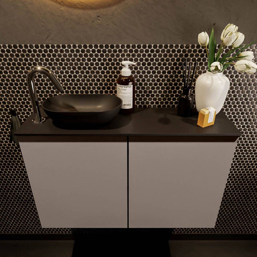 Mondiaz Fowy toiletmeubel 80x50x23cm smoke mat 1 kraangat wasbak: links 2 deuren solid surface met blad MDF kleur wasbak: zwart FOWY59014smokeurban - Foto 2