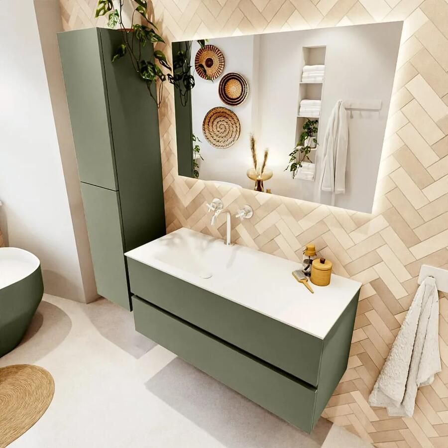 Mondiaz VICA 110cm badmeubel onderkast Army 2 lades. Wastafel CLOUD links 1 kraangat kleur Talc.