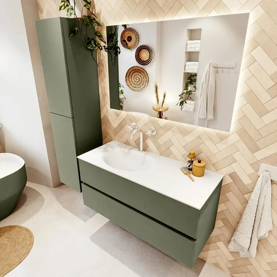 Mondiaz VICA 110cm badmeubel onderkast Army 2 lades. Wastafel MOON links 1 kraangat kleur Talc.