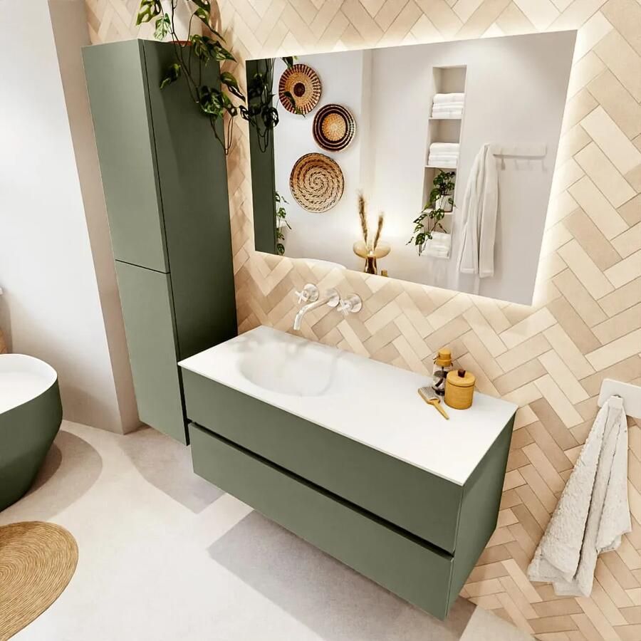 Mondiaz VICA 110cm badmeubel onderkast Army 2 lades. Wastafel MOON links zonder kraangat kleur Talc.