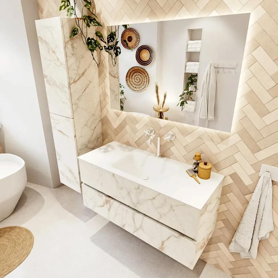 Mondiaz VICA 110cm badmeubel onderkast Carrara 2 lades. Wastafel CLOUD midden 1 kraangat kleur Talc.