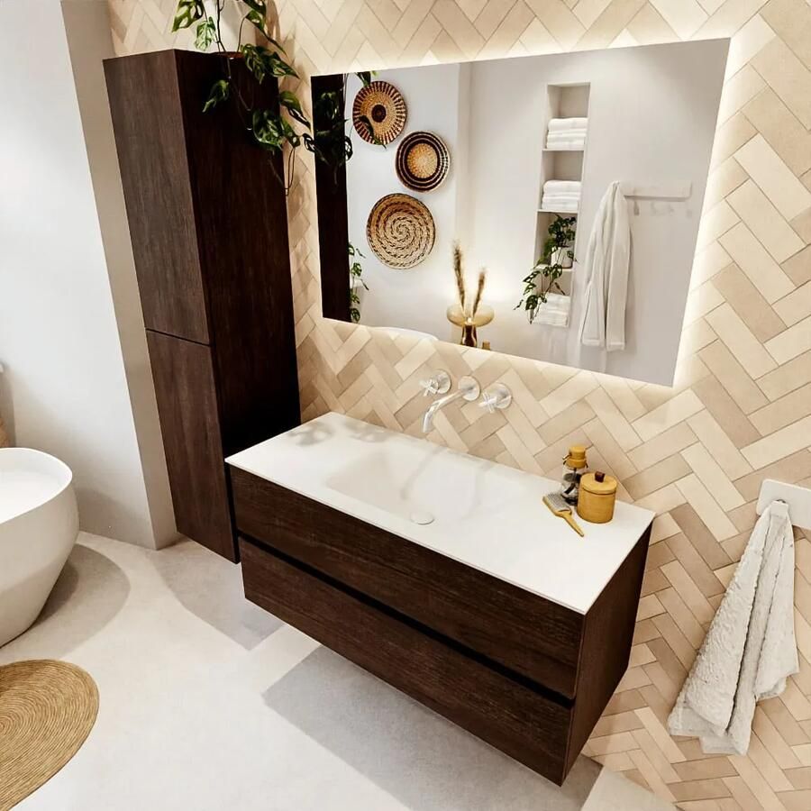 Mondiaz VICA 110cm badmeubel onderkast Dark Brown 2 lades. Wastafel CLOUD midden zonder kraangat kleur Talc.