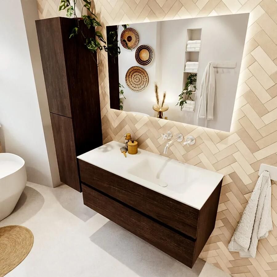 Mondiaz VICA 110cm badmeubel onderkast Dark Brown 2 lades. Wastafel CLOUD rechts zonder kraangat kleur Talc. - Foto 2