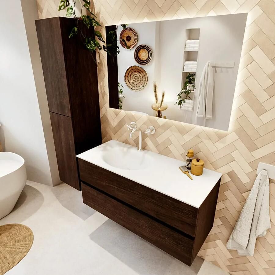 Mondiaz VICA 110cm badmeubel onderkast Dark Brown 2 lades. Wastafel MOON links 1 kraangat kleur Talc. - Foto 2