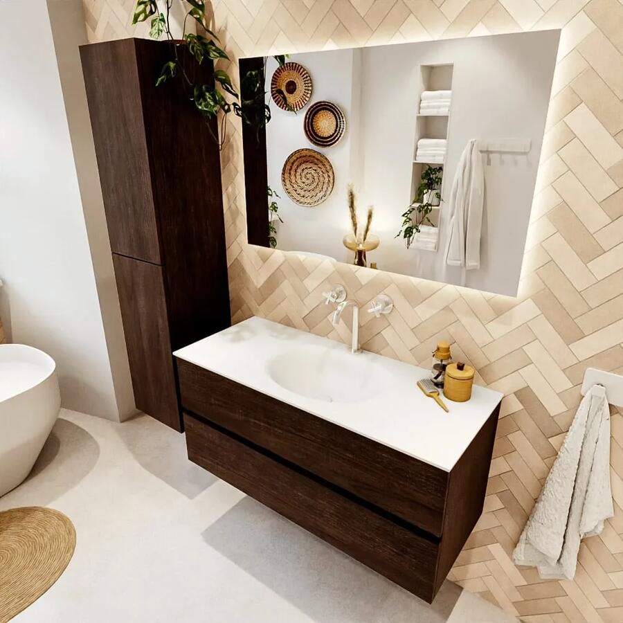 Mondiaz VICA 110cm badmeubel onderkast Dark Brown 2 lades. Wastafel MOON midden 1 kraangat kleur Talc. - Foto 2