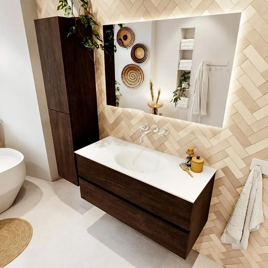 Mondiaz VICA 110cm badmeubel onderkast Dark Brown 2 lades. Wastafel MOON midden zonder kraangat kleur Talc. - Foto 2
