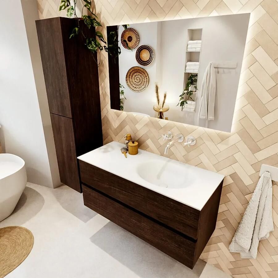 Mondiaz VICA 110cm badmeubel onderkast Dark Brown 2 lades. Wastafel MOON rechts zonder kraangat kleur Talc. - Foto 2