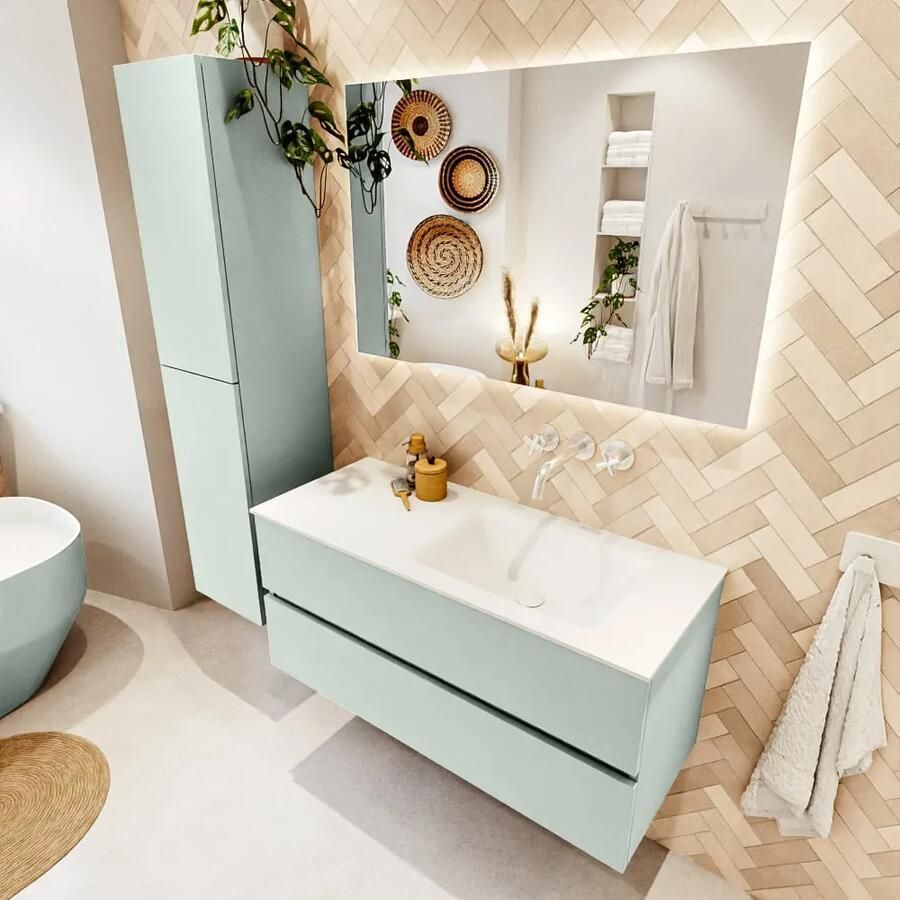 Mondiaz VICA 110cm badmeubel onderkast Greey 2 lades. Wastafel CLOUD rechts zonder kraangat kleur Talc.