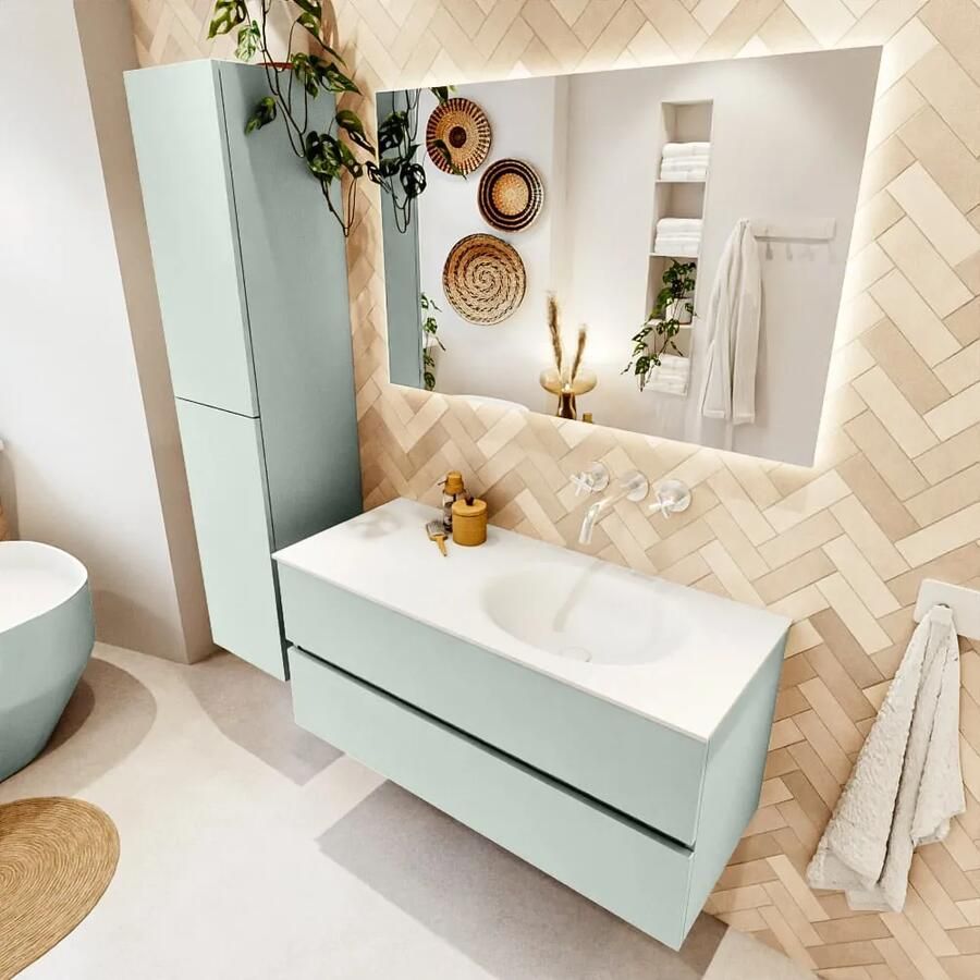 Mondiaz VICA 110cm badmeubel onderkast Greey 2 lades. Wastafel MOON rechts zonder kraangat kleur Talc.