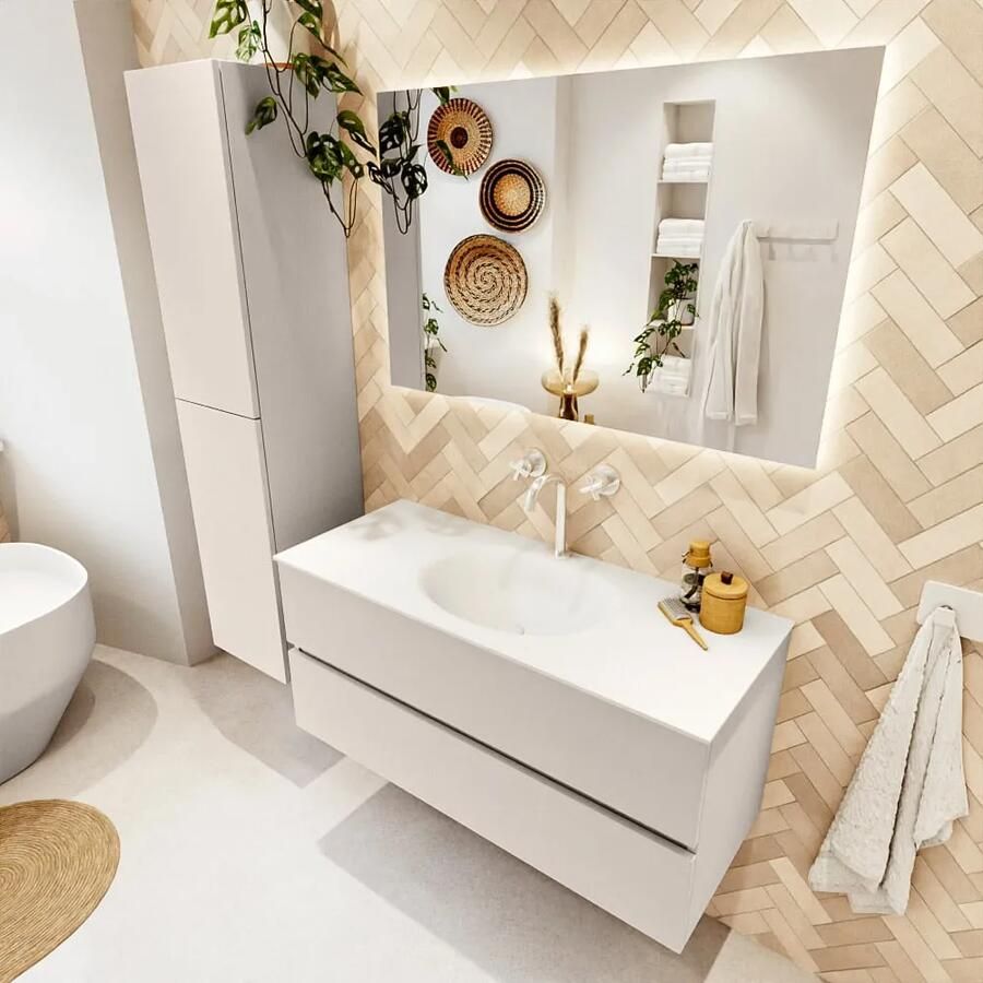 Mondiaz VICA 110cm badmeubel onderkast Linen 2 lades. Wastafel MOON midden 1 kraangat kleur Talc.