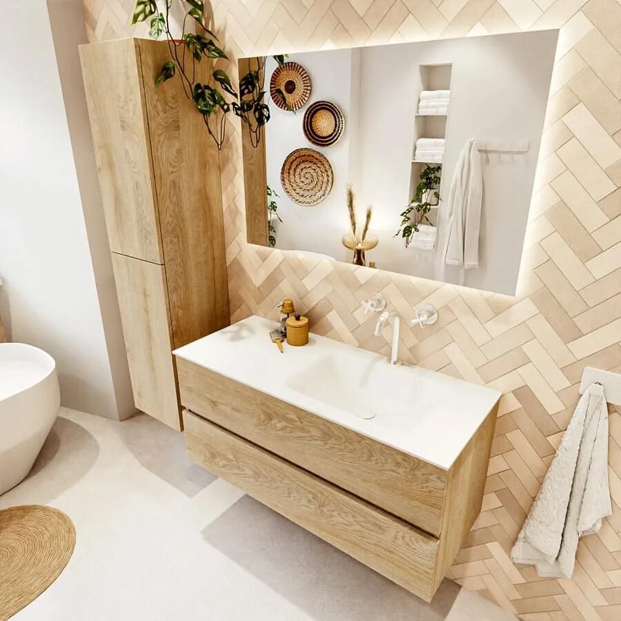 Mondiaz VICA 110cm badmeubel onderkast Washed Oak 2 lades. Wastafel CLOUD rechts 1 kraangat kleur Talc.