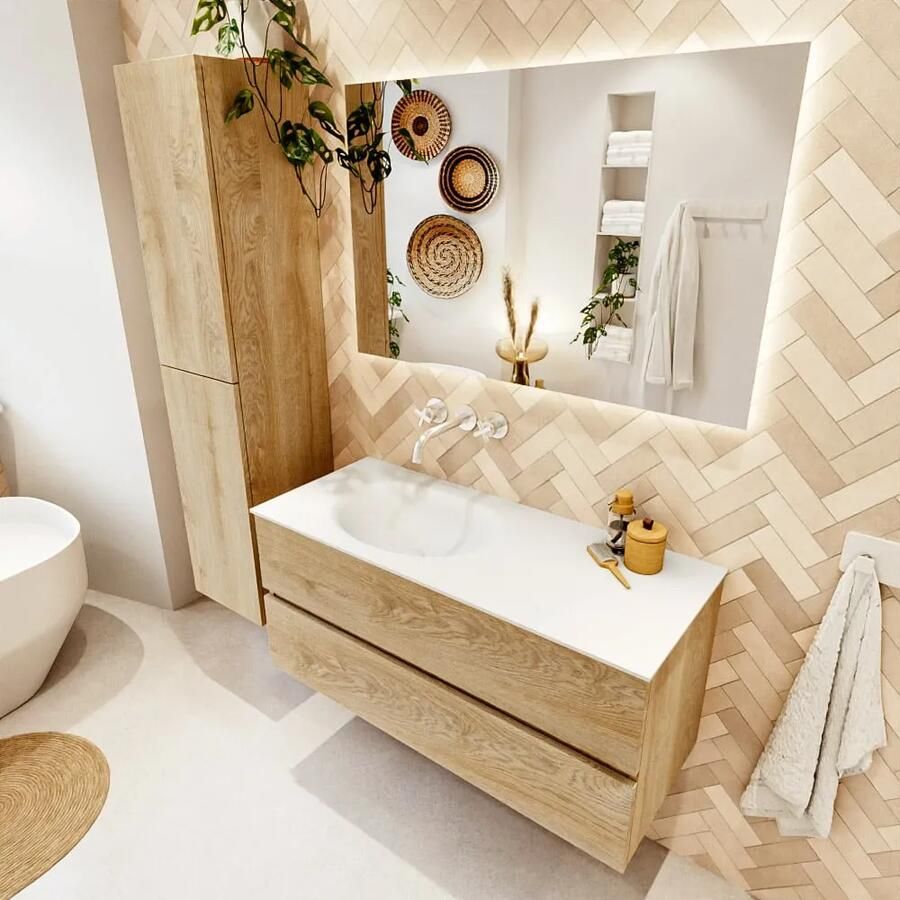 Mondiaz VICA 110cm badmeubel onderkast Washed Oak 2 lades. Wastafel MOON links zonder kraangat kleur Talc.
