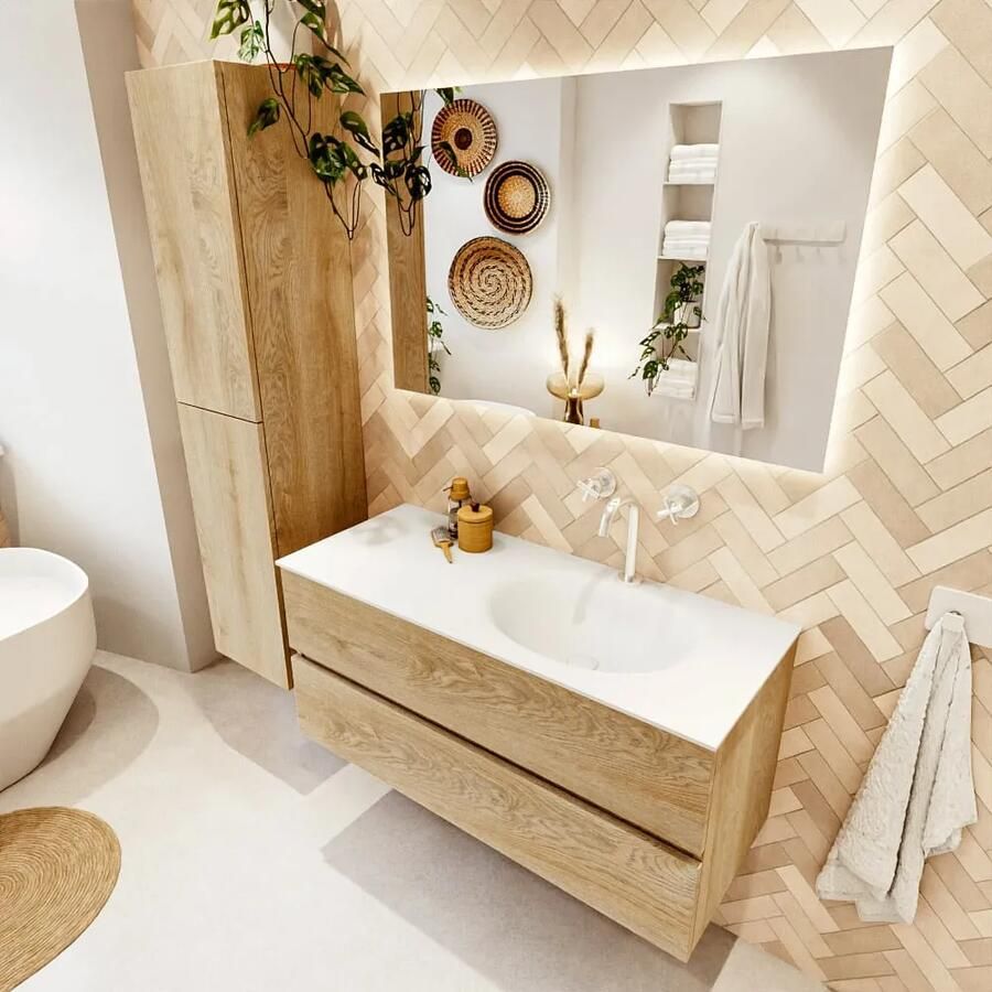 Mondiaz VICA 110cm badmeubel onderkast Washed Oak 2 lades. Wastafel MOON rechts 1 kraangat kleur Talc.