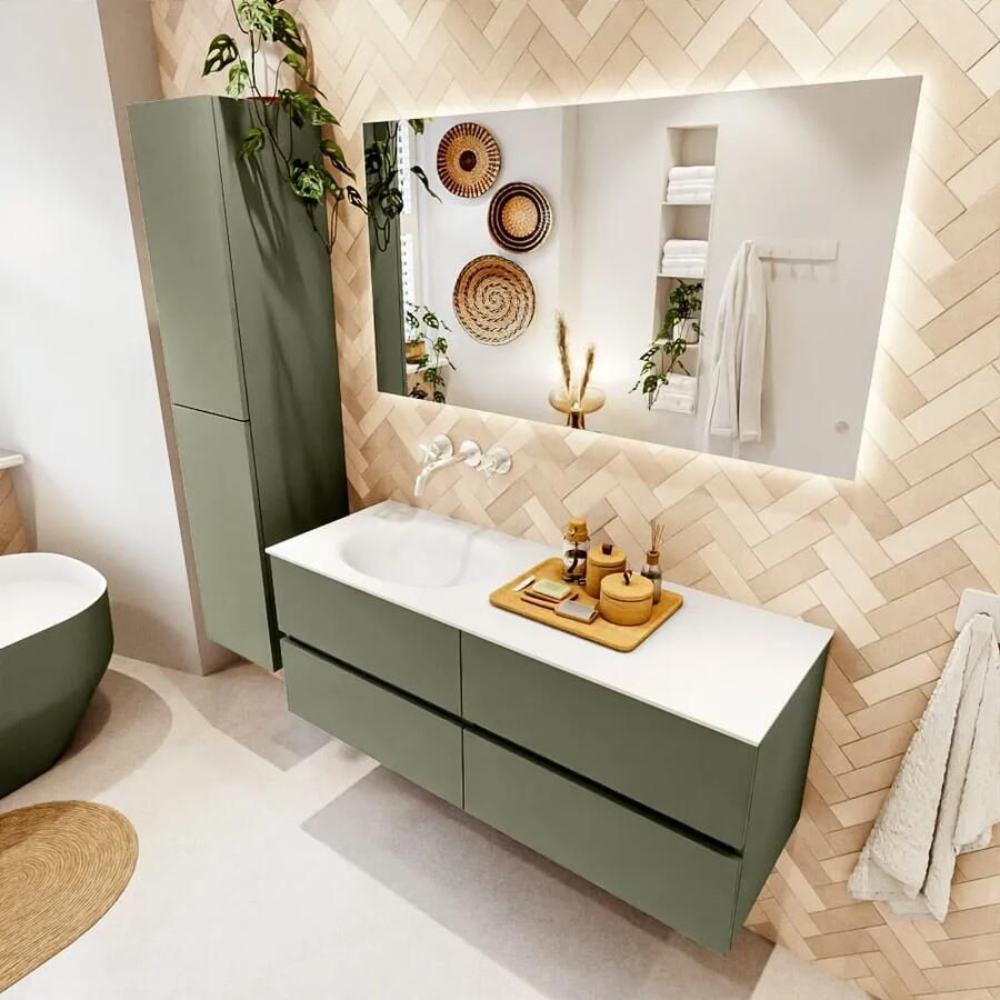 Mondiaz VICA 130cm badmeubel onderkast Army 4 lades. Wastafel MOON links zonder kraangat kleur Talc.