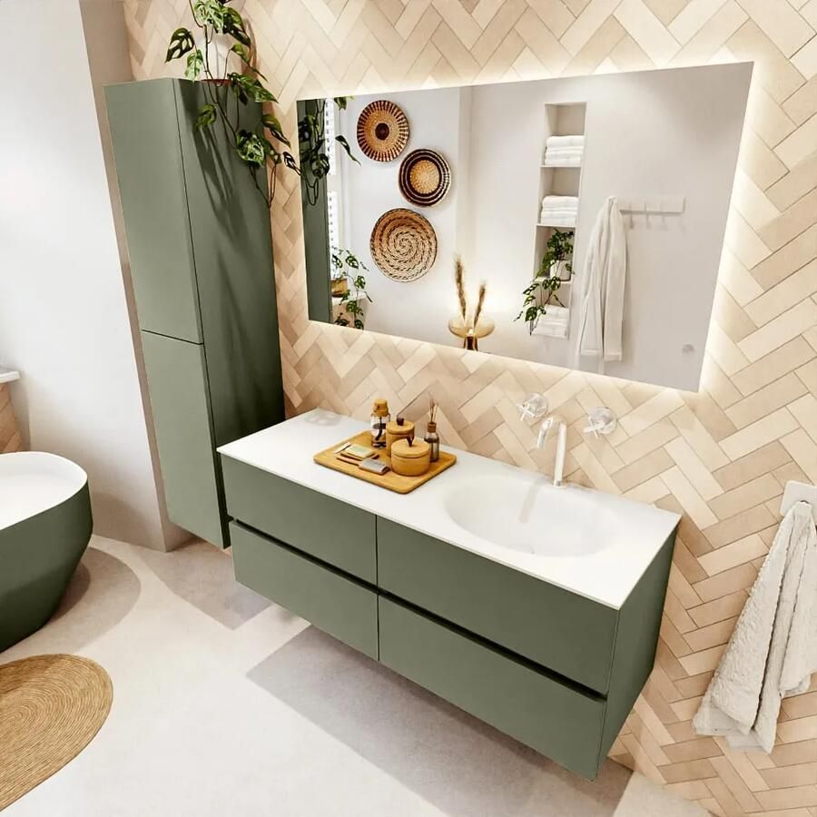 Mondiaz VICA 130cm badmeubel onderkast Army 4 lades. Wastafel MOON rechts 1 kraangat kleur Talc.