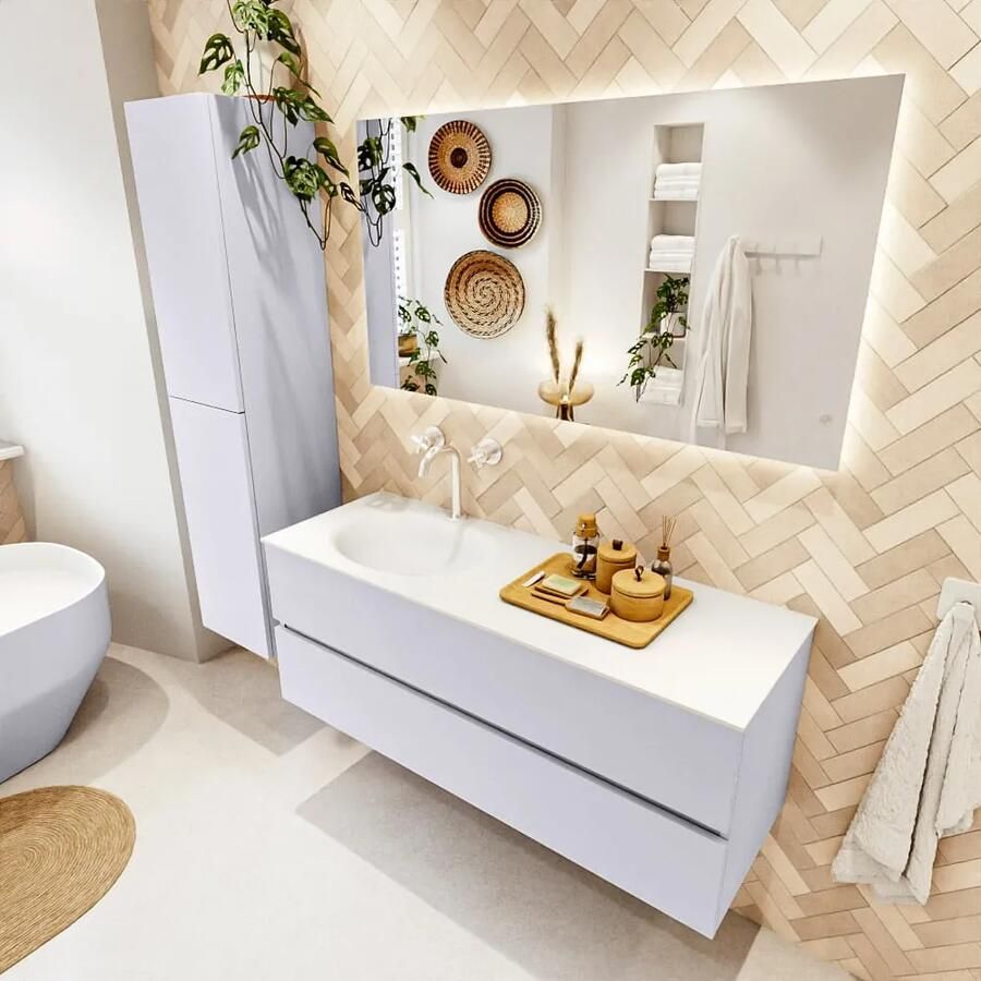 Mondiaz VICA 130cm badmeubel onderkast Cale 2 lades. Wastafel MOON links 1 kraangat kleur Talc.