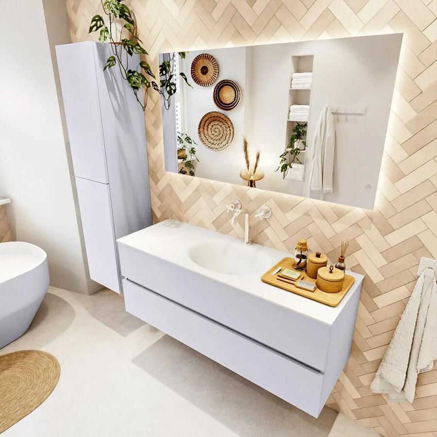 Mondiaz VICA 130cm badmeubel onderkast Cale 2 lades. Wastafel MOON midden 1 kraangat kleur Talc.