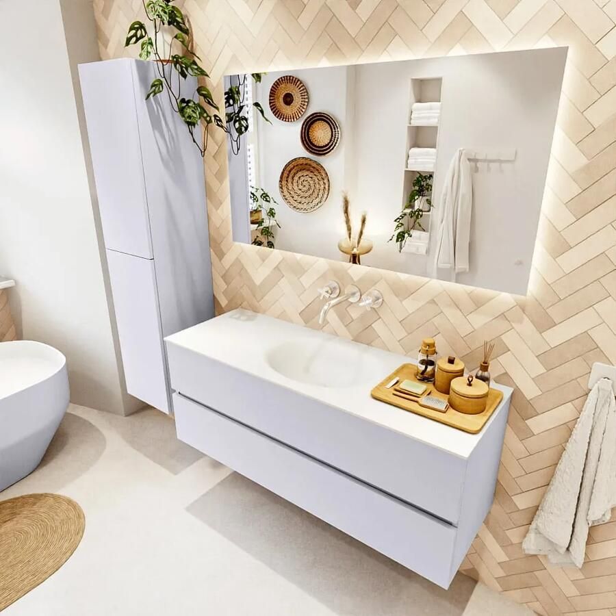 Mondiaz VICA 130cm badmeubel onderkast Cale 2 lades. Wastafel MOON midden zonder kraangat kleur Talc.