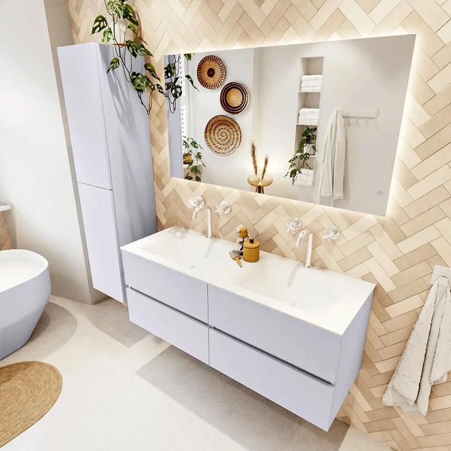 Mondiaz VICA 130cm badmeubel onderkast Cale 4 lades. Wastafel CLOUD dubbel 2 kraangaten kleur Talc.