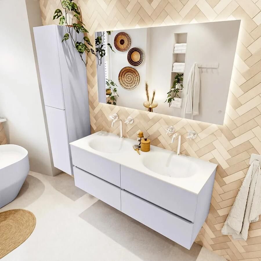 Mondiaz VICA 130cm badmeubel onderkast Cale 4 lades. Wastafel MOON dubbel 2 kraangaten kleur Talc.