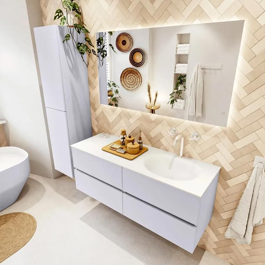 Mondiaz VICA 130cm badmeubel onderkast Cale 4 lades. Wastafel MOON rechts 1 kraangat kleur Talc.