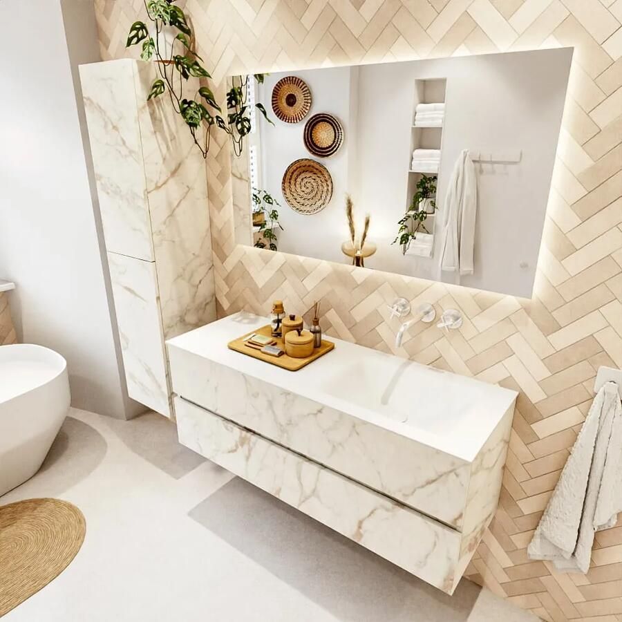 Mondiaz VICA 130cm badmeubel onderkast Carrara 2 lades. Wastafel CLOUD rechts zonder kraangat kleur Talc. - Foto 2