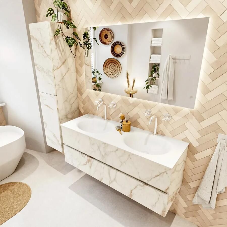 Mondiaz VICA 130cm badmeubel onderkast Carrara 2 lades. Wastafel MOON dubbel 2 kraangaten kleur Talc.