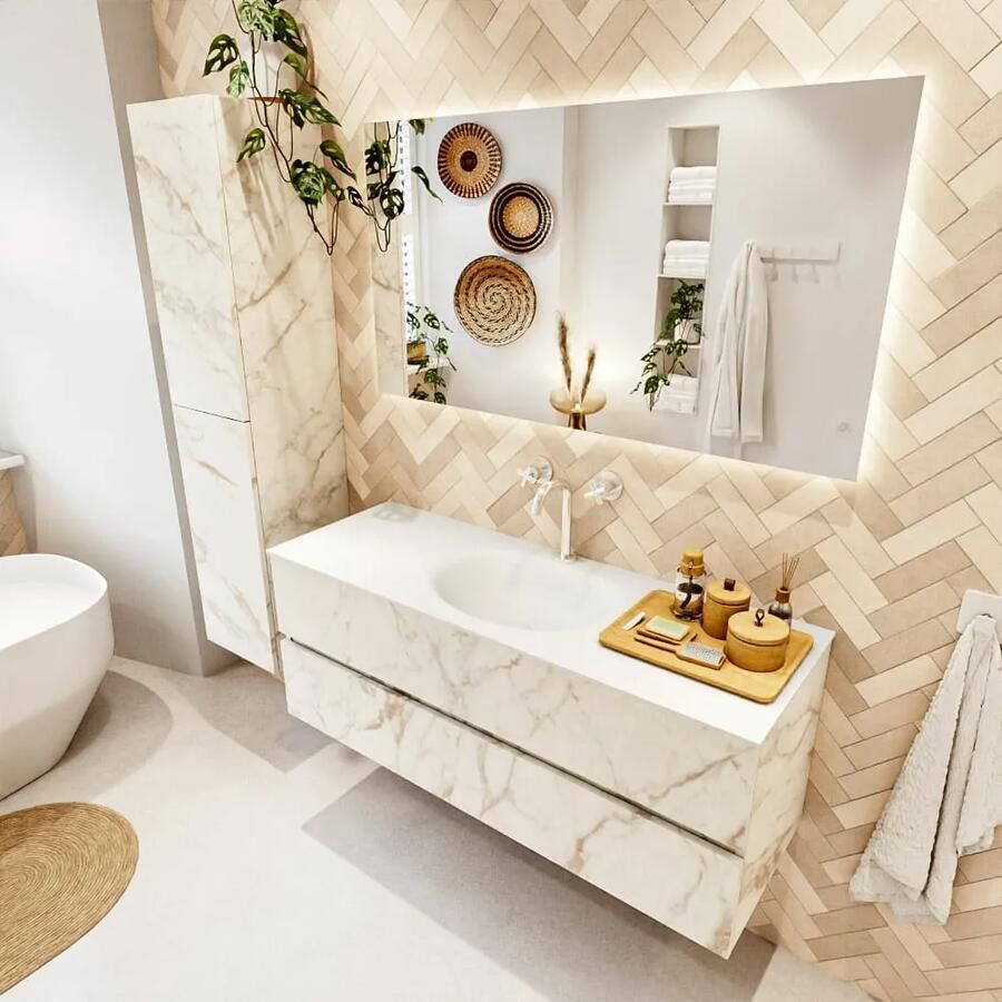 Mondiaz VICA 130cm badmeubel onderkast Carrara 2 lades. Wastafel MOON midden 1 kraangat kleur Talc. - Foto 2