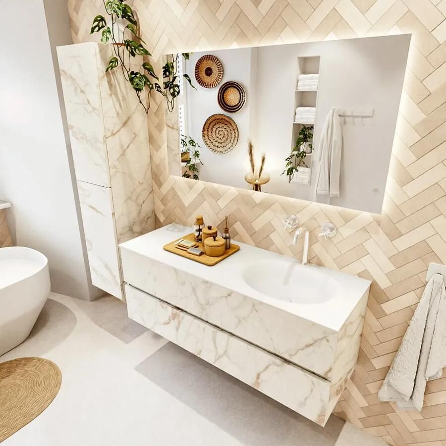 Mondiaz VICA 130cm badmeubel onderkast Carrara 2 lades. Wastafel MOON rechts 1 kraangat kleur Talc.