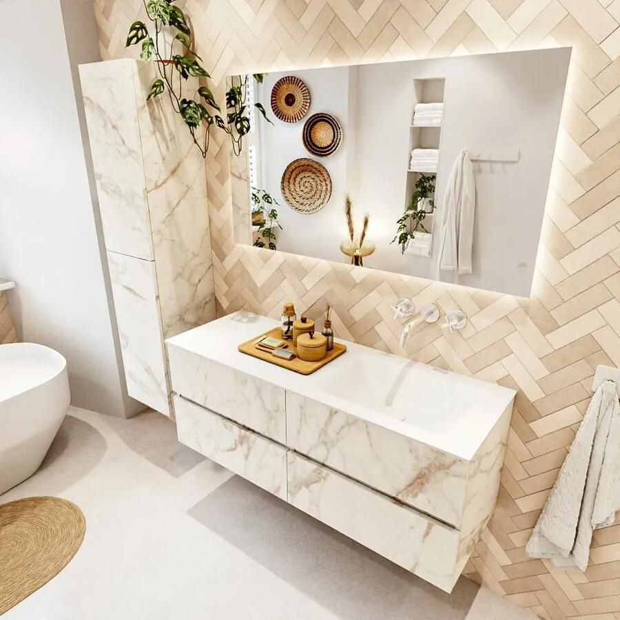 Mondiaz VICA 130cm badmeubel onderkast Carrara 4 lades. Wastafel CLOUD rechts zonder kraangat kleur Talc.