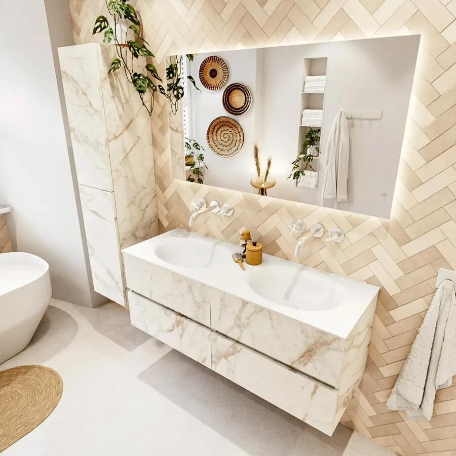 Mondiaz VICA 130cm badmeubel onderkast Carrara 4 lades. Wastafel MOON dubbel zonder kraangat kleur Talc.