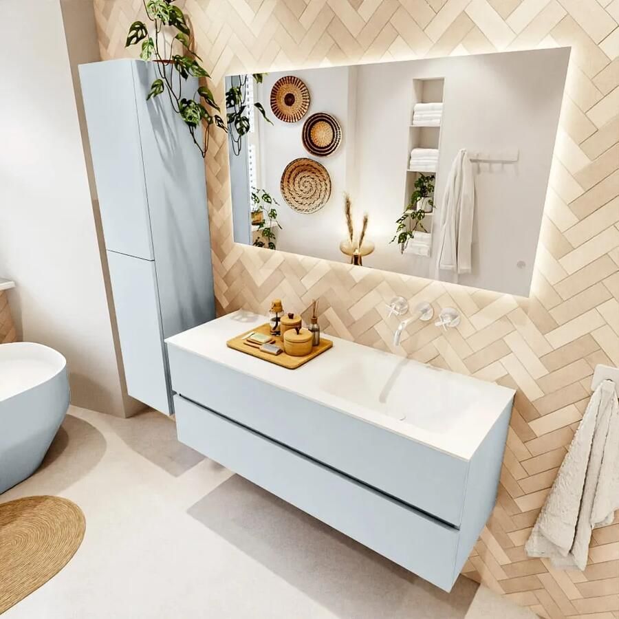 Mondiaz VICA 130cm badmeubel onderkast Clay 2 lades. Wastafel CLOUD rechts zonder kraangat kleur Talc.