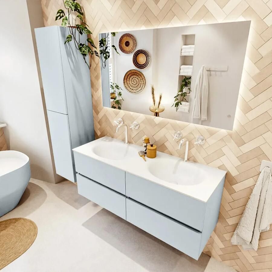 Mondiaz VICA 130cm badmeubel onderkast Clay 4 lades. Wastafel MOON dubbel 2 kraangaten kleur Talc.