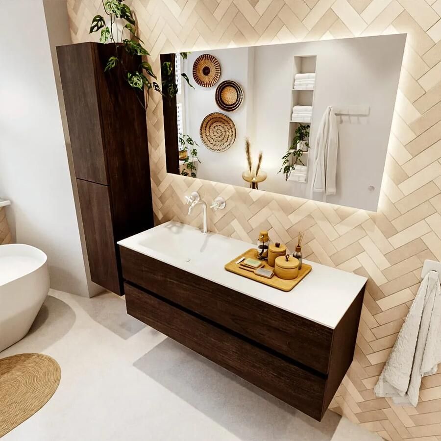 Mondiaz VICA 130cm badmeubel onderkast Dark Brown 2 lades. Wastafel CLOUD links 1 kraangat kleur Talc. - Foto 2