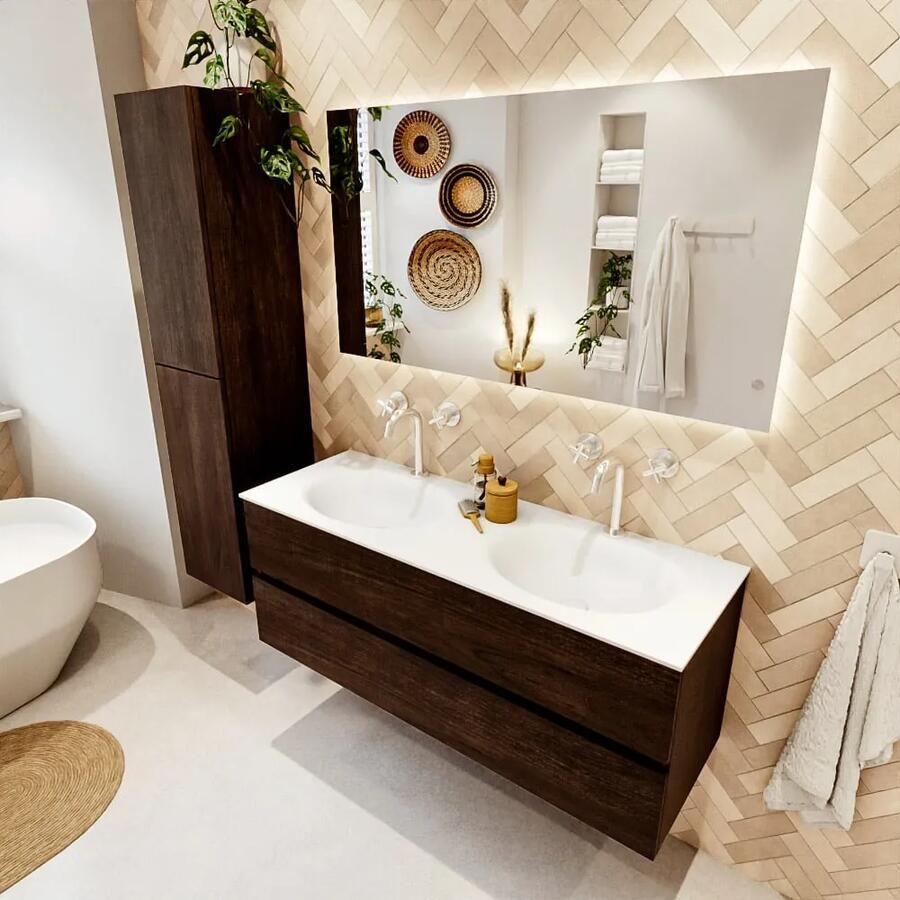 Mondiaz VICA 130cm badmeubel onderkast Dark Brown 2 lades. Wastafel MOON dubbel 2 kraangaten kleur Talc. - Foto 2