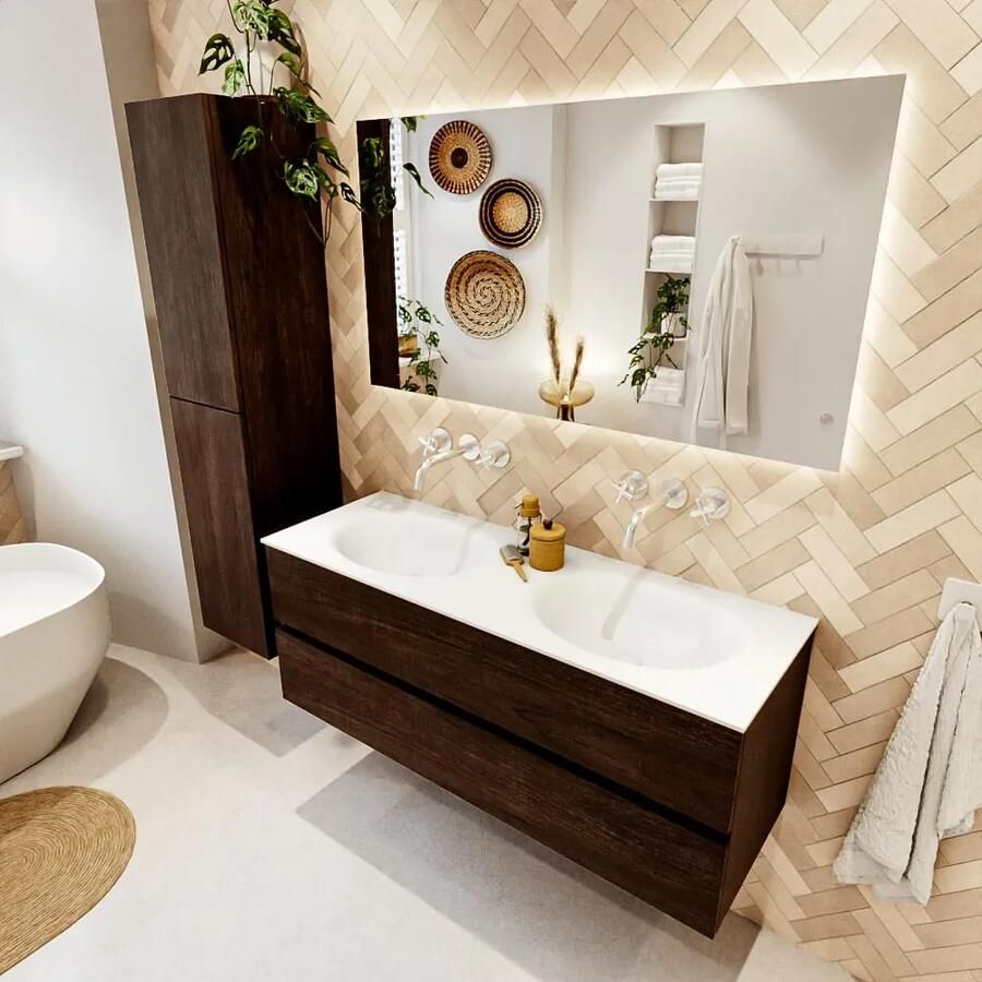 Mondiaz VICA 130cm badmeubel onderkast Dark Brown 2 lades. Wastafel MOON dubbel zonder kraangat kleur Talc.
