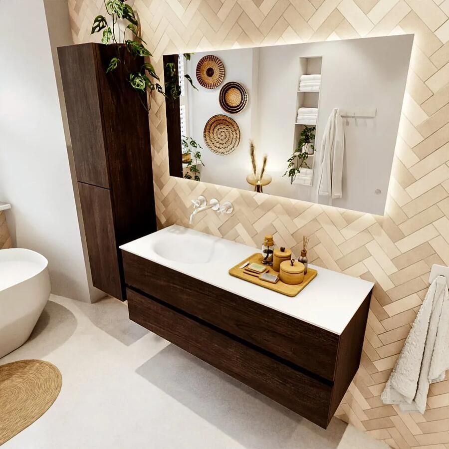 Mondiaz VICA 130cm badmeubel onderkast Dark Brown 2 lades. Wastafel MOON links zonder kraangat kleur Talc. - Foto 2