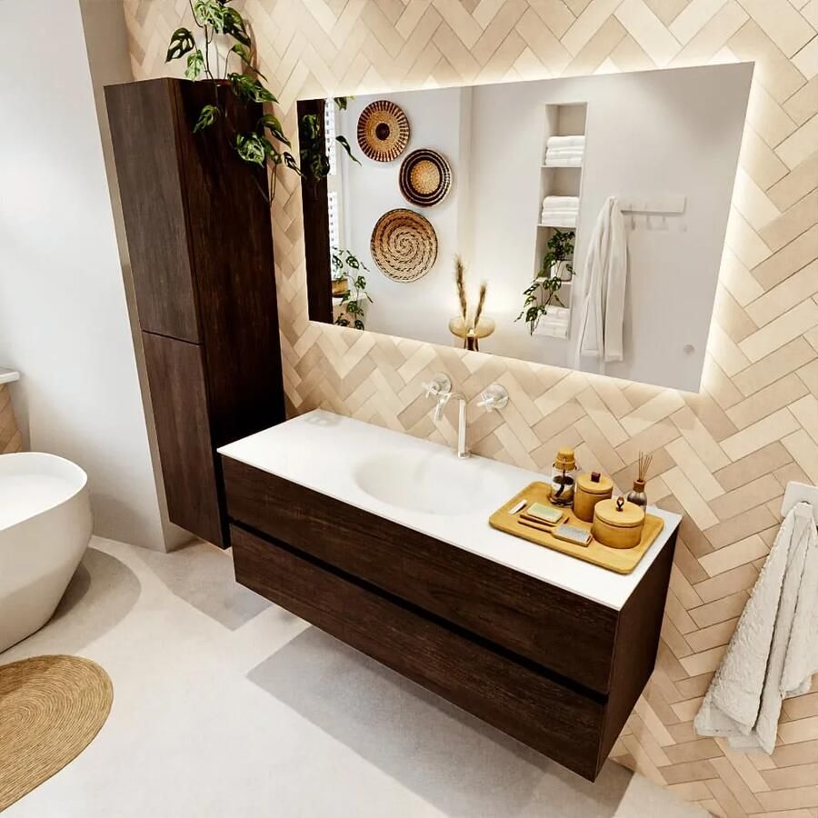 Mondiaz VICA 130cm badmeubel onderkast Dark Brown 2 lades. Wastafel MOON midden 1 kraangat kleur Talc. - Foto 2