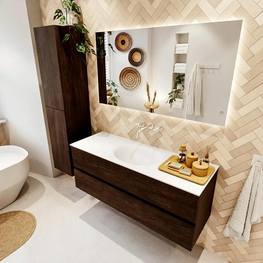 Mondiaz VICA 130cm badmeubel onderkast Dark Brown 2 lades. Wastafel MOON midden zonder kraangat kleur Talc.