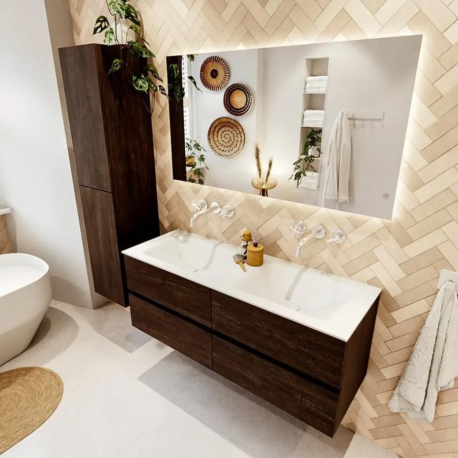 Mondiaz VICA 130cm badmeubel onderkast Dark Brown 4 lades. Wastafel CLOUD dubbel zonder kraangat kleur Talc.