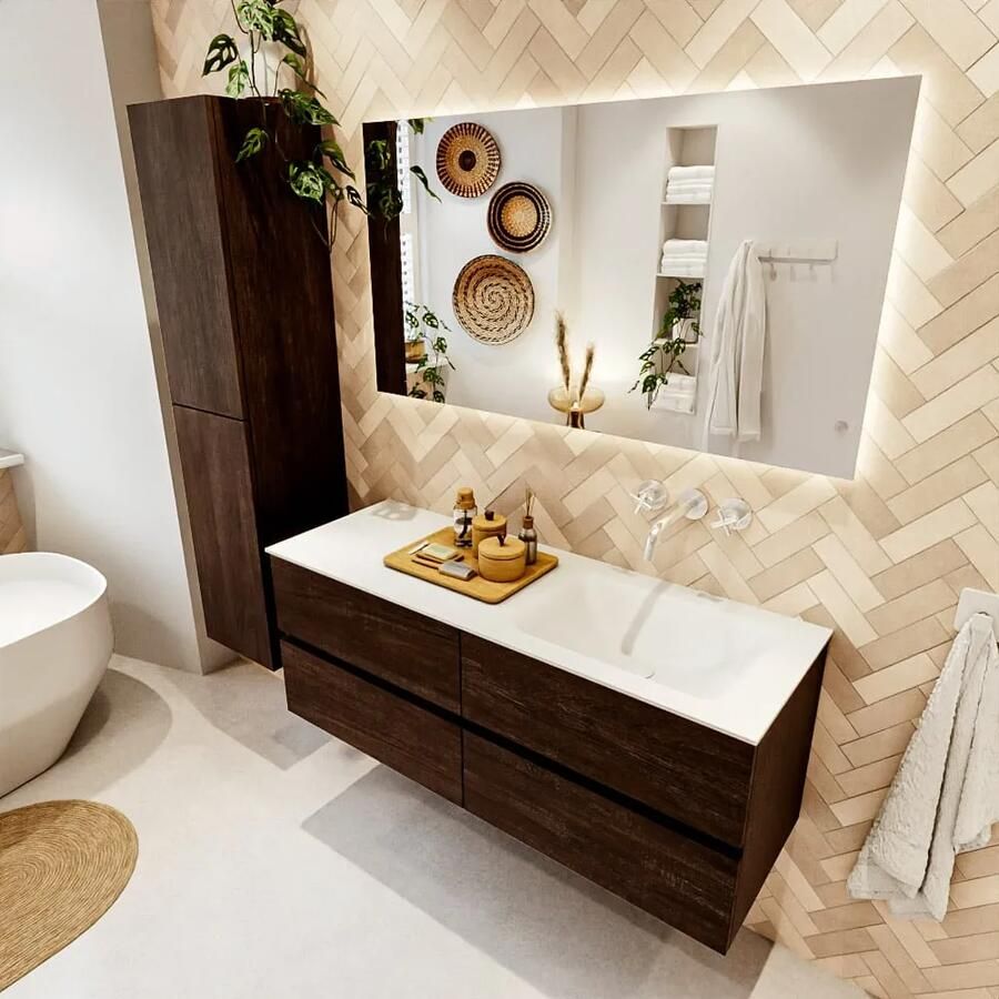 Mondiaz VICA 130cm badmeubel onderkast Dark Brown 4 lades. Wastafel CLOUD rechts zonder kraangat kleur Talc. - Foto 2