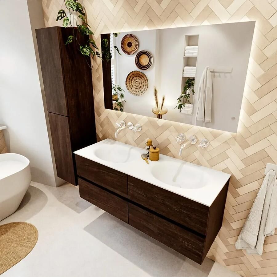 Mondiaz VICA 130cm badmeubel onderkast Dark Brown 4 lades. Wastafel MOON dubbel zonder kraangat kleur Talc. - Foto 2