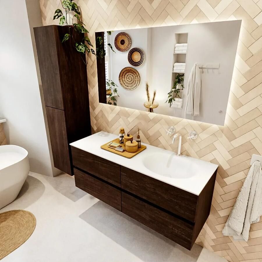 Mondiaz VICA 130cm badmeubel onderkast Dark Brown 4 lades. Wastafel MOON rechts 1 kraangat kleur Talc. - Foto 2