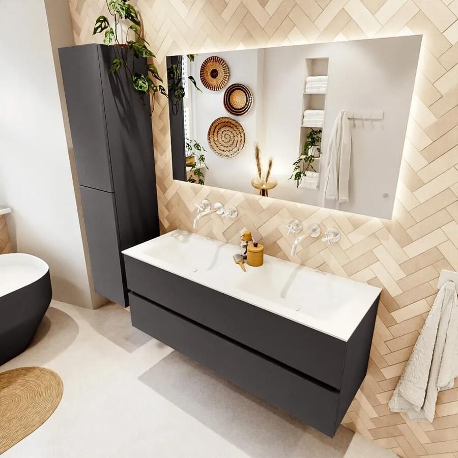 Mondiaz VICA 130cm badmeubel onderkast Dark Grey 2 lades. Wastafel CLOUD dubbel zonder kraangat kleur Talc.