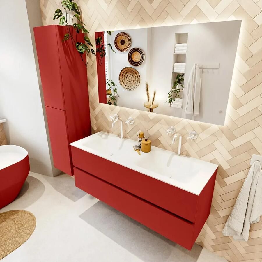Mondiaz VICA 130cm badmeubel onderkast Fire 2 lades. Wastafel CLOUD dubbel 2 kraangaten kleur Talc.