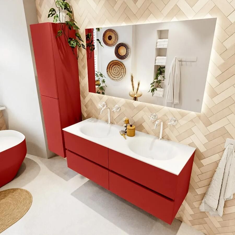 Mondiaz VICA 130cm badmeubel onderkast Fire 4 lades. Wastafel MOON dubbel 2 kraangaten kleur Talc.