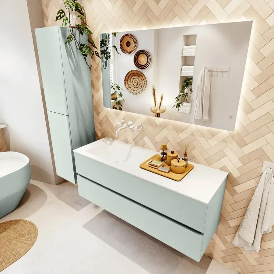 Mondiaz VICA 130cm badmeubel onderkast Greey 2 lades. Wastafel CLOUD links zonder kraangat kleur Talc.