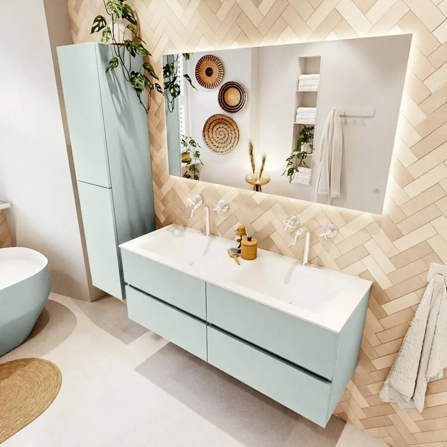 Mondiaz VICA 130cm badmeubel onderkast Greey 4 lades. Wastafel CLOUD dubbel 2 kraangaten kleur Talc.